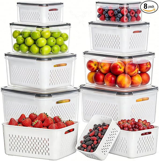 HOMETALL 8 Pack Fruit Storage Containers for Fridge, Produce Containers for Fridge with Colander, Leakproof Fridge Organizers and Storage for Berry Vegetable Salad Lettuce Meat Food