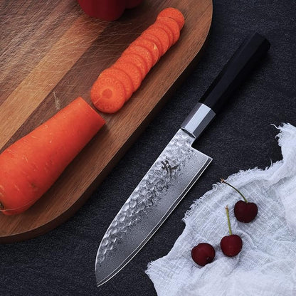 SAMCOOK Santoku Chef Knife - 7 Inch Professional Japanese Knife - VG10 Damascus High Carbon Stainless Steel Hammered Damascus Kitchen Knife - Ergonomic Octagonal Ebony Handle with Gift Box