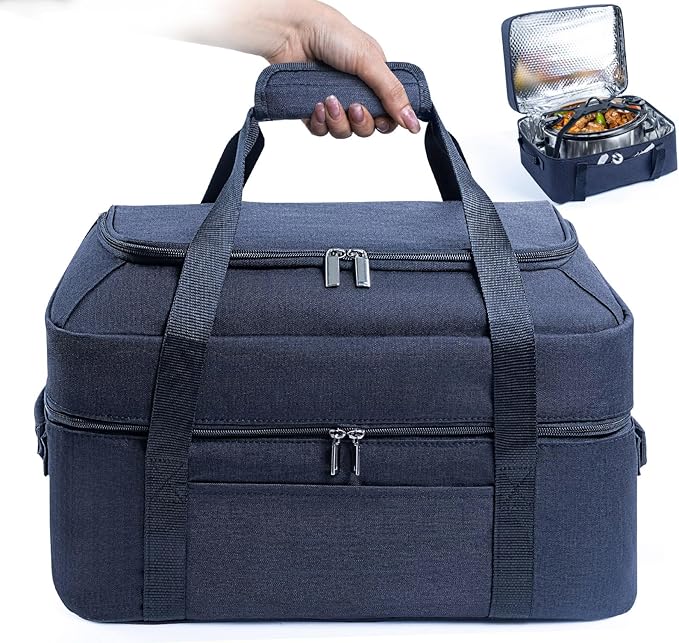 BAGSPRITE Double-Layer Slow Cooker Carrying Bag for 6-8 Quart CrockPot and Hamilton Beach, Travel Bag With Lid Fastener, Portable Carrier Case, Black