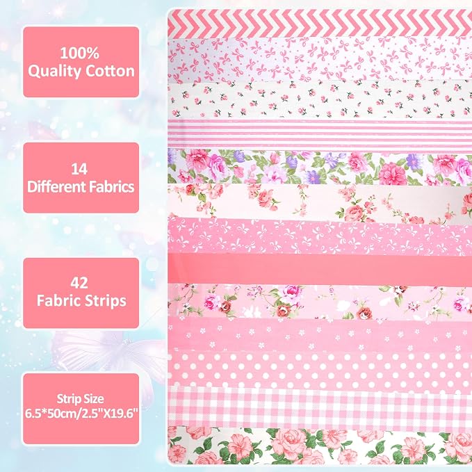 42Pcs Jelly Roll Fabric Strips Soft Cotton Quilting Fabric 2.5 x 20 Inch Pre-Cut Cotton Strips Bundles for Quilting Crafting and Sewing(Pink)