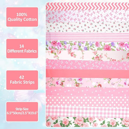 42Pcs Jelly Roll Fabric Strips Soft Cotton Quilting Fabric 2.5 x 20 Inch Pre-Cut Cotton Strips Bundles for Quilting Crafting and Sewing(Pink)