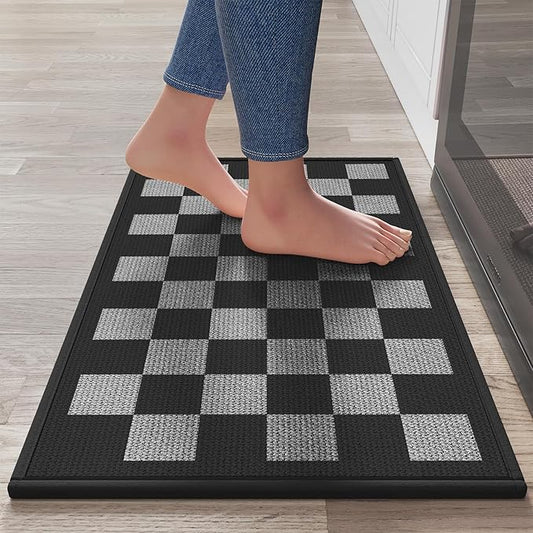 YDKGL Kitchen Mats for Floor, Super Absorbent Kitchen Rugs Non Slip Washable, Linen-Look Woven Cushion Runner Rug, Kitchen Sink Mat Standing Mat, Black Gray Checkered 17"x30"