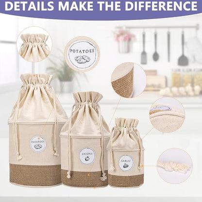Meraki Home Potato Onion Garlic Storage Containers - Farmhouse Kitchen Storage Organization Pots - Sustainable Jute Cotton Vegetable Baskets Bins - Drawstring Holder