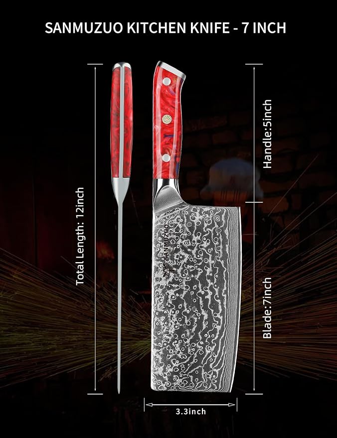 Chinese Chef Knife - 7" Cleaver Knife- Xuan Series - VG10 Damascus Steel Kitchen Knife - Resin Handle (Sunset Red)