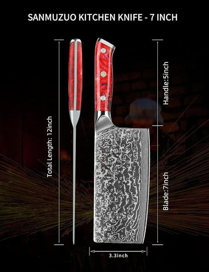 Chinese Chef Knife - 7" Cleaver Knife- Xuan Series - VG10 Damascus Steel Kitchen Knife - Resin Handle (Sunset Red)