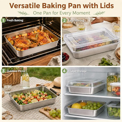 E-far Stainless Steel Baking Pan with Lid, 12⅓ x 9¾ x 2 Inch Rectangle Sheet Cake Pans with Covers Bakeware for Cakes Brownies Casseroles, Non-toxic & Healthy, Heavy Duty & Dishwasher Safe