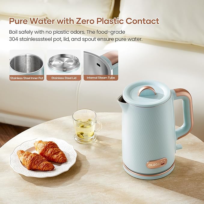 OLEGA Electric Kettle: 1200W Fast Boil Electric Water Kettles, 1.5L Double Wall Stainless Steel Tea Kettle, Auto Shut-Off, BPA-Free Hot Water Boiler Teapot for Coffee & Tea -Light Blue