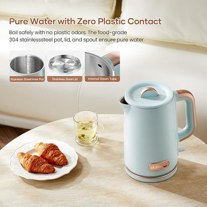 OLEGA Electric Kettle: 1200W Fast Boil Electric Water Kettles, 1.5L Double Wall Stainless Steel Tea Kettle, Auto Shut-Off, BPA-Free Hot Water Boiler Teapot for Coffee & Tea -Light Blue