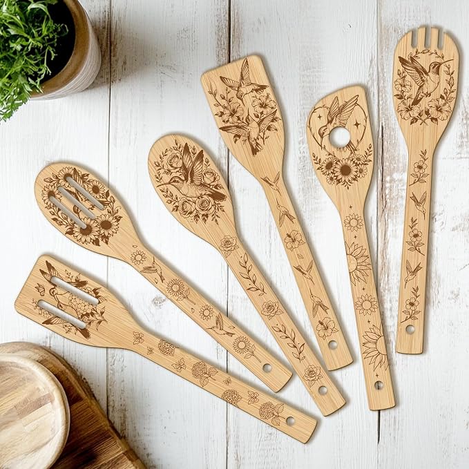 CUTHOLLOW 6PCS Hummingbird and Rose Wooden Kitchen Cooking Utensil Set, 11.9in Non Toxic Bamboo Wood Spoon Set for Cooking, Best Housewarming Birthday Thanksgiving Christmas Gift for Women Mother