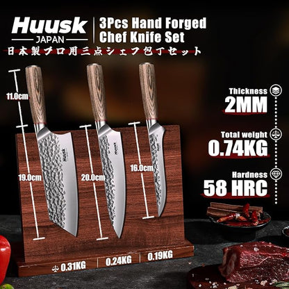 Huusk Japanese Kitchen Knife Set of 3, Professional Chef Knives Set for Kitchen, Hand Forged Butcher Knife Set for Meat Cutting, Meat Cleaver Boning Knife with Pakkawood Handle, Gift Idea for Men