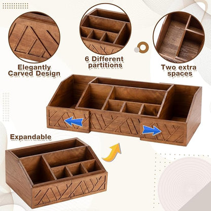 Paper Plate Dispenser Extendable, Paper Plate Holder for Kitchen Counter Wood Silverware Utensil Caddy Cutlery Flatware Organizer Box for Cups Spoons Forks Kitchen Accessories (Nut-brown)