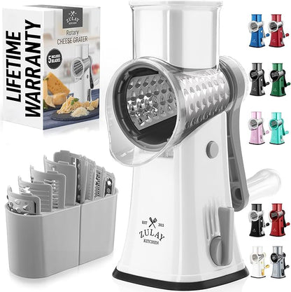 Zulay Kitchen Rotary Cheese Grater 5 Blade Cheese Shredder - Manual Hand Crank Cheese Grater With Reinforced Suction & 5 Interchangeable Drums - Easy to Use, Vegetable Chopper Round Mandoline Slicer