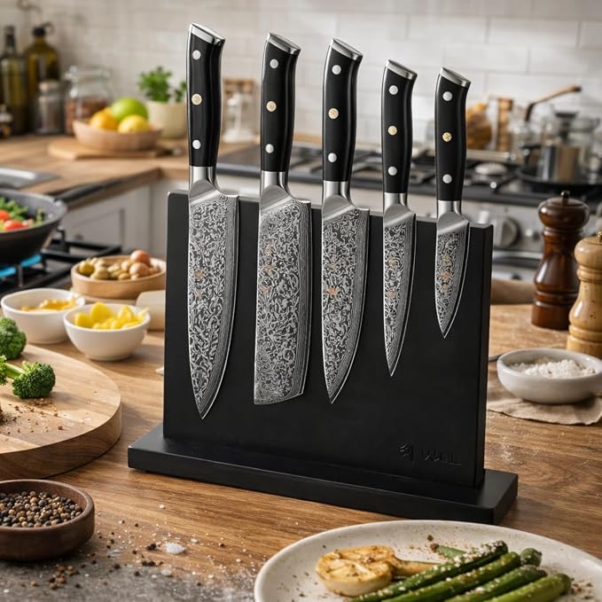 Wakoli Elite Cuisine Knife Block Set – 5-Piece Professional Damascus Kitchen Knife Set with Magnetic Block, G10 Handles & VG10 Core in Elegant Gift Box