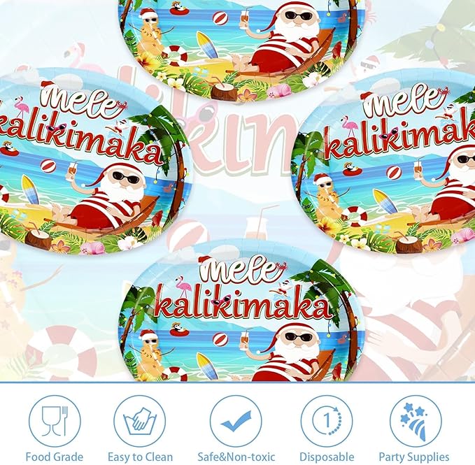 50Pcs Christmas in July Party Decorations 10" x 12" Tropical Hawaiian Santa Heavy Duty Oval Paper Plates Mele kalikimaka Disposable Tableware for Summer Christmas Beach Pool Party Supplies