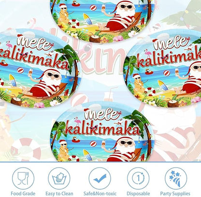 50Pcs Christmas in July Party Decorations 10" x 12" Tropical Hawaiian Santa Heavy Duty Oval Paper Plates Mele kalikimaka Disposable Tableware for Summer Christmas Beach Pool Party Supplies