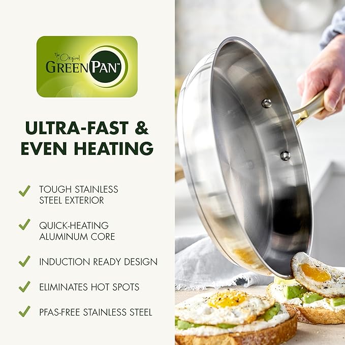 GreenPan Stainless Steel Cookware Set, 11 Piece, Induction Cookware, Dishwasher Safe, Oven Safe to 600F, Large 8QT Stock Pot, Sauce, Saute, Frying Pans, Pots & Pans Kitchen Essentials, Gold