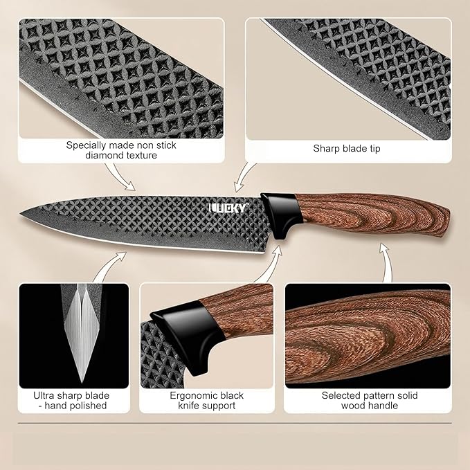 Knife Set, 6 Pieces Kitchen knife Set with Healthy Anti-Rust Coating, Stainless Steel Professional Chef Knife Sets with Elegant Box, Kitchen Knives with Scissors & Peeler for Cooking, Dishwasher Safe