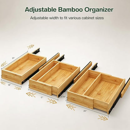 BAMEOS 2-Pack 14" to 20" Adjustable Width Soft Close Slide Out Bamboo Wood Drawer Organizer for Kitchen,Pantry, Bathroom & Under Sink, 2-Pack Wooden Storage, 21" Depth, 66 lbs Capacity