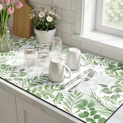 LOKHOM Dish Drying Mat for Kitchen Counter, 17"x32" Absorbent Mat with Green Plant & Butterfly Pattern, Drain Rack Mat for Counter Coffee Maker, Dining Room Decor