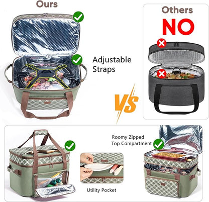 Double Layer Slow Cooker Carrier Bag for 6-8 Quart Oval CrockPot, Insulated Crock Pot Travel Bag with Top Zip Compartment and Front Pocket for Utensils