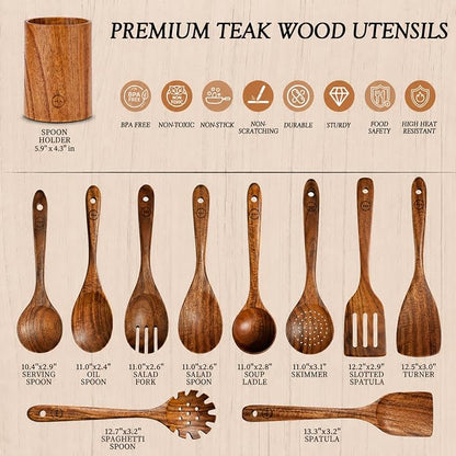 SOOMGYEOL SEOM 11-Piece Teak Wood Cooking Utensil Set with Holder | Wooden Spoons and Spatulas, Kitchen Countertop Organizer, Nonstick Safe Tools