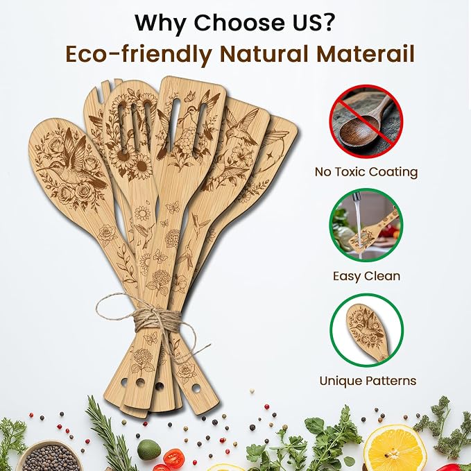 CUTHOLLOW 6PCS Hummingbird and Rose Wooden Kitchen Cooking Utensil Set, 11.9in Non Toxic Bamboo Wood Spoon Set for Cooking, Best Housewarming Birthday Thanksgiving Christmas Gift for Women Mother