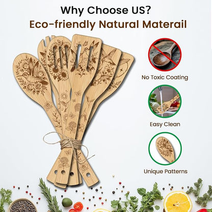 CUTHOLLOW 6PCS Hummingbird and Rose Wooden Kitchen Cooking Utensil Set, 11.9in Non Toxic Bamboo Wood Spoon Set for Cooking, Best Housewarming Birthday Thanksgiving Christmas Gift for Women Mother