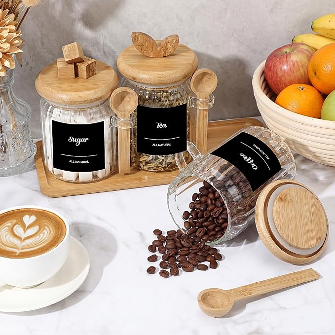 Suclain 3 Pcs Glass Coffee Container with Bamboo Color Lid & Spoon, 25, 20.3, 15 oz Airtight Glass Jar with Wooden Shelf, Food Storage Containers Coffee Jar Tea Container(Bamboo Color)