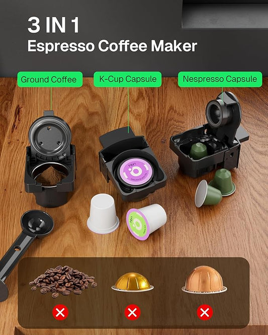HBN 3-in-1 for Nespresso Capsule & K-Cup Pods & Ground Coffee Multi Coffee Maker Single Serve, 19Bar Programmable One-Touch Brewing Espresso Machine, 20oz Removable Water Tank, 1450W Fast Heat