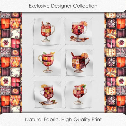 Patchwork Mulled Wine Cotton Fabric Panel – 6 Designs (10×10 inch Each) + Bonus Sheet 29.5×19.6 inch, 100% Cotton 140 GSM, Made in Türkiye
