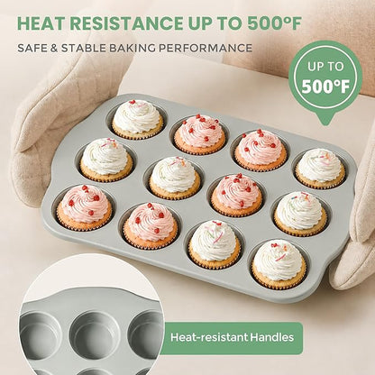 12-Cavity Muffin Pan, Nonstick Ceramic Cupcake Pan, Heavy-Duty 0.6mm Carbon Steel, Easy-Release Bakeware for Home Bakers & Holiday Treats, Grey