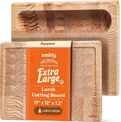 Smirly Reversible 17" Large Larch Cutting Board for Kitchen - 1.2"Th Heavy Duty Real Wood Cutting Board with Deep Juice Groove - Reversible Wooden Cutting Board for Multiple Uses - Only 1 Piece