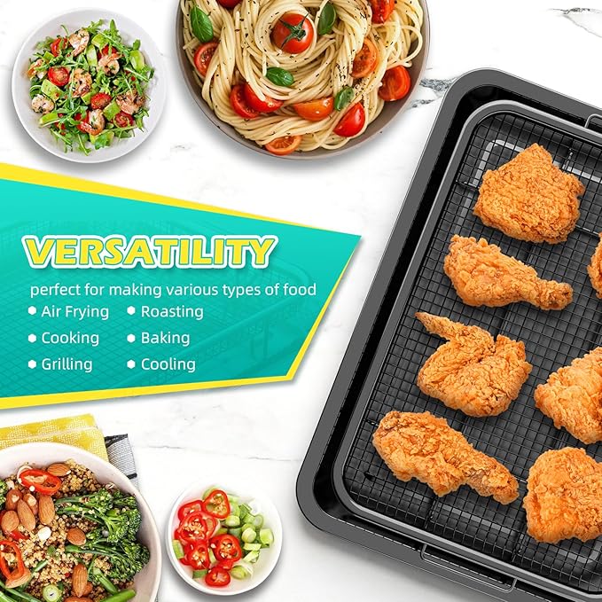 Air Fryer Basket for Oven, OPENICE 15.3" x 11.0" Air Fryer Tray and Pan Set with 30PCS Parchment Papers, Stainless Steel Oven Air Fryer Basket and Tray for Baking Grilling - Black