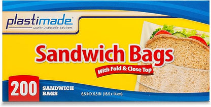 Disposable Plastic Sandwich Bags With Fold Close Top 200 Bags, Great For Home, Office, Vacation, Traveling, Sandwich, Fruits, Nuts, Cake, Cookies, Or Any Snacks (1 Pack)
