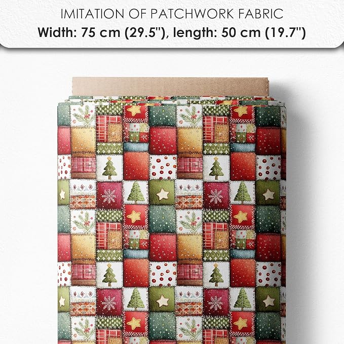Christmas Patchwork Cotton Fabric Panel – 6 Designs (10×10 inch Each) + Bonus Patchwork Sheet 29.5×19.6 inch, 100% Cotton 140 GSM