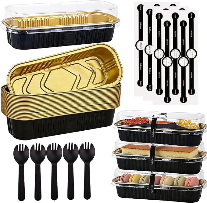 24 Pack Mini Loaf Pans, 7.5oz Mini Cake Pan & Mini Cupcake Pan Set – Disposable Aluminum Baking Pans with Lids, Spoons & Stickers, Premium Sturdy Gift Set for Cakes, Cupcakes, Desserts & Party Treats