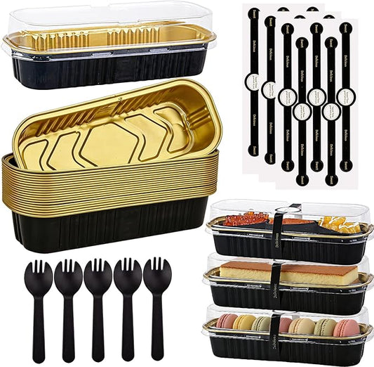 24 Pack Mini Loaf Pans, 7.5oz Mini Cake Pan & Mini Cupcake Pan Set – Disposable Aluminum Baking Pans with Lids, Spoons & Stickers, Premium Sturdy Gift Set for Cakes, Cupcakes, Desserts & Party Treats