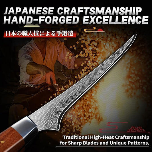 TIJERAS Damascus Fillet Knife 7 Inch - Professional VG-10 Super Sharp Boning Knife for Meat Poultry Chicken Cutting, Japanese Fish Knives with Ergonomic Wood Handle, Birthday Gifts for Men Women