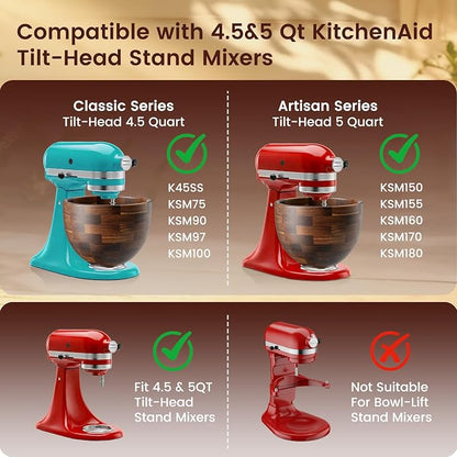 Solid Acacia Wood Mixing Bowl,Compatible with KitchenAid 4.5 & 5 Quart Tilt-Head Stand Mixers with Locking Steel Base, Warmer & Quieter Replacement Bowl for Baking & Dough, Kitchen Gift Idea