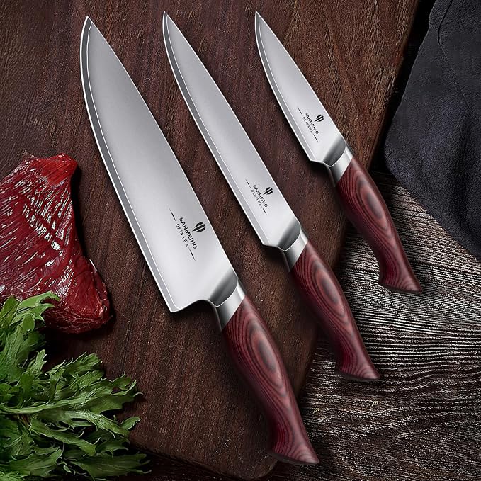 Japanese Knife Set 3 PCs, High Carbon 10Cr15Mov Stainless Steel Chef Knife Set, Ultra-Sharp Professional Kitchen Knives Set with Ergonomic Pakkawood Handle and Elegant Gift Box