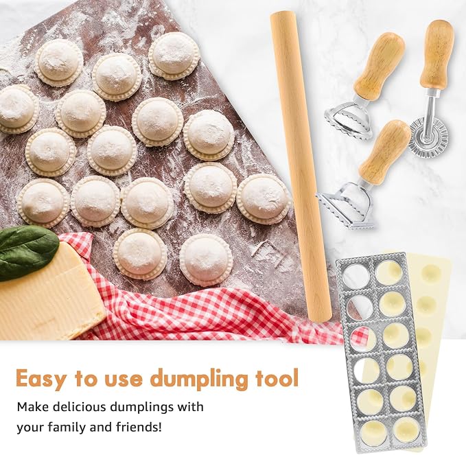 Ravioli Cutter Mold Pasta Dumpling Gnocchi Press Maker Handmade 5 PCS Ravioli Making Tool Kit Pasta Attachment Cutter Wheel Ravioli Stamp w/Wood Rolling Pin