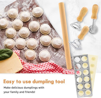 Ravioli Cutter Mold Pasta Dumpling Gnocchi Press Maker Handmade 5 PCS Ravioli Making Tool Kit Pasta Attachment Cutter Wheel Ravioli Stamp w/Wood Rolling Pin