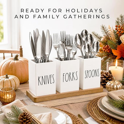Farmhouse Silverware Holder, Rustic Wood Silverware Caddy with Tray, Spoon Fork Knives Flatware Dispenser, Utensil Countertop Organizer, Plastic Cutlery Holder for Kitchen Party (White)
