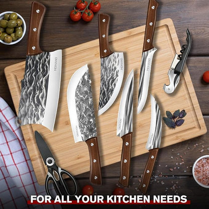 MDHAND Butcher Knife Set, Hand Forged Butcher Chef Knife Set with Roll Bag, Sharp Heavy Duty Meat Cleaver Knife & Bone Chopper Knives & Fillet Knives for BBQ, Outdoor Camping, Gifts for Men Women