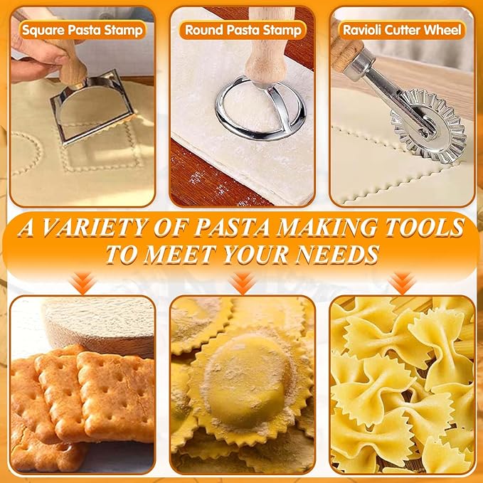 Pasta Making Tools, 10 Pcs Wood Pasta Making Kit with 3 Rolling Pins, 1 Gnocchi Board, 1 Dough Cutter, 1 Ravioli Cutter, 2 Pasta Stamps, 2 Round Cutter, Ravioli Pasta Cutter Set for Pasta Maker