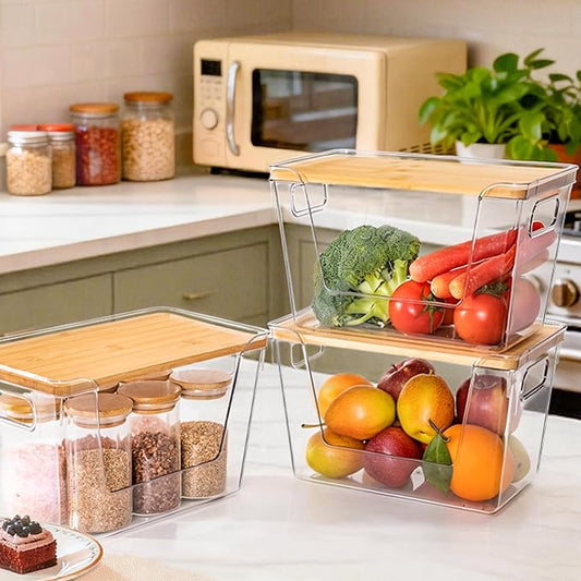 Criusia 3 Set Pantry Organizers and Storage with Bamboo Lids, Stackable Clear Bins for Onion, Potato, Fruit, Vegetables, Trash Bag Dispenser, Kitchen and Under Sink Organizer