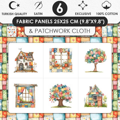 Patchwork Cozy Cottage Cotton Fabric Panel – 6 Designs (10×10 inch Each) + Bonus Sheet 29.5×19.6 inch, 100% Cotton 140 GSM, Made in Türkiye