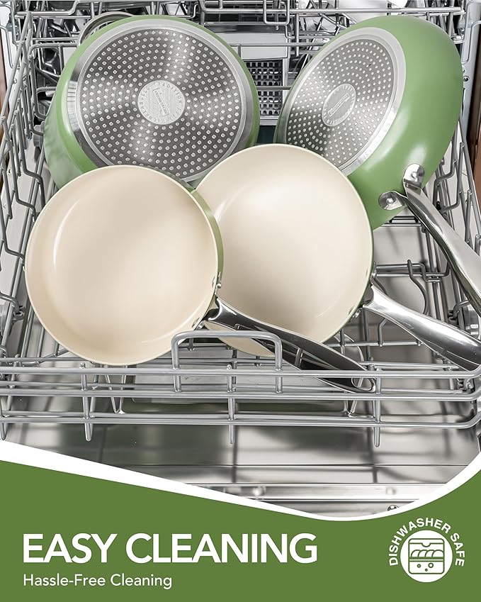 MICHELANGELO Pots and Pans Set Non Stick 8 Piece Ceramic Cookware Set Green | PFAS-Free Green Ceramic Nonstick Cookware Set for Eggs, Fish, Vegetables, Low-Oil Cooking and Induction Stoves, Easy Cleanup