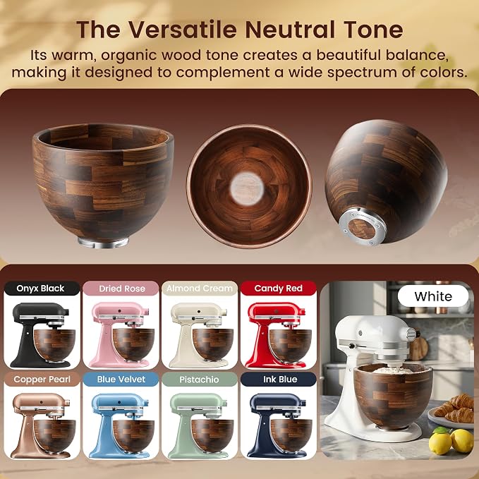 Solid Acacia Wood Mixing Bowl,Compatible with KitchenAid 4.5 & 5 Quart Tilt-Head Stand Mixers with Locking Steel Base, Warmer & Quieter Replacement Bowl for Baking & Dough, Kitchen Gift Idea