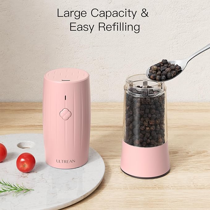 Ultrean Electric Salt and Pepper Grinder Set, USB-C Rechargeable, Salt and Pepper Shakers Spice Mill with 6 Adjustable Coarseness LED Light Larger Capacity, Kitchen Gadget, Gift for Women Mom, Pink